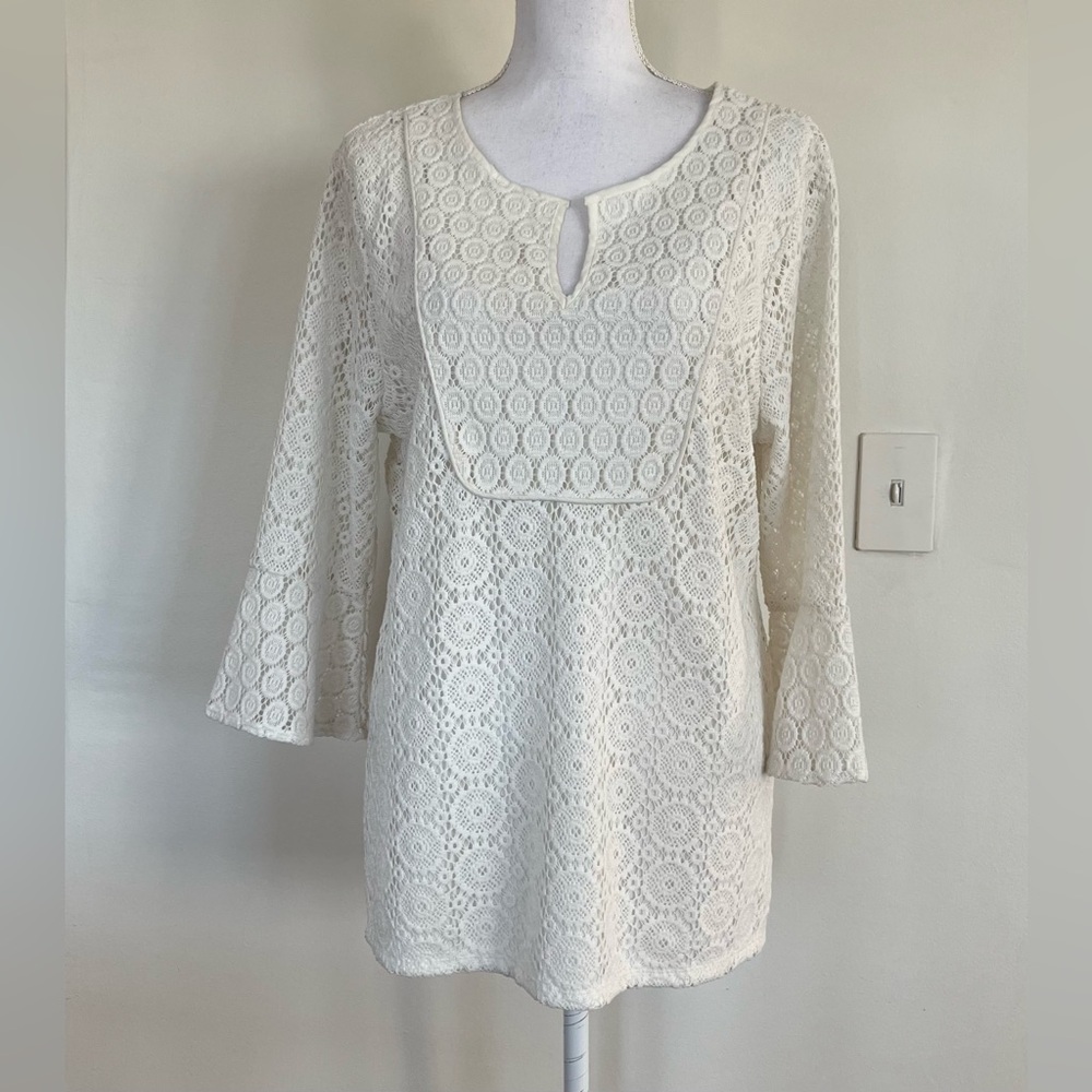 Charter Club White Lace Three Quarter Bell Sleeves Boho Resort Wear Tunic Top
